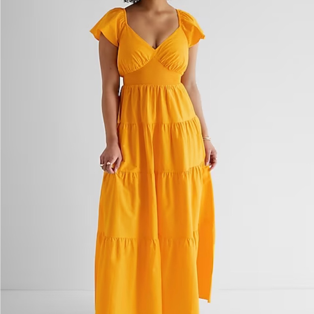 EXPRESS V-Neck Flutter Sleeve Tiered Poplin Maxi Dress